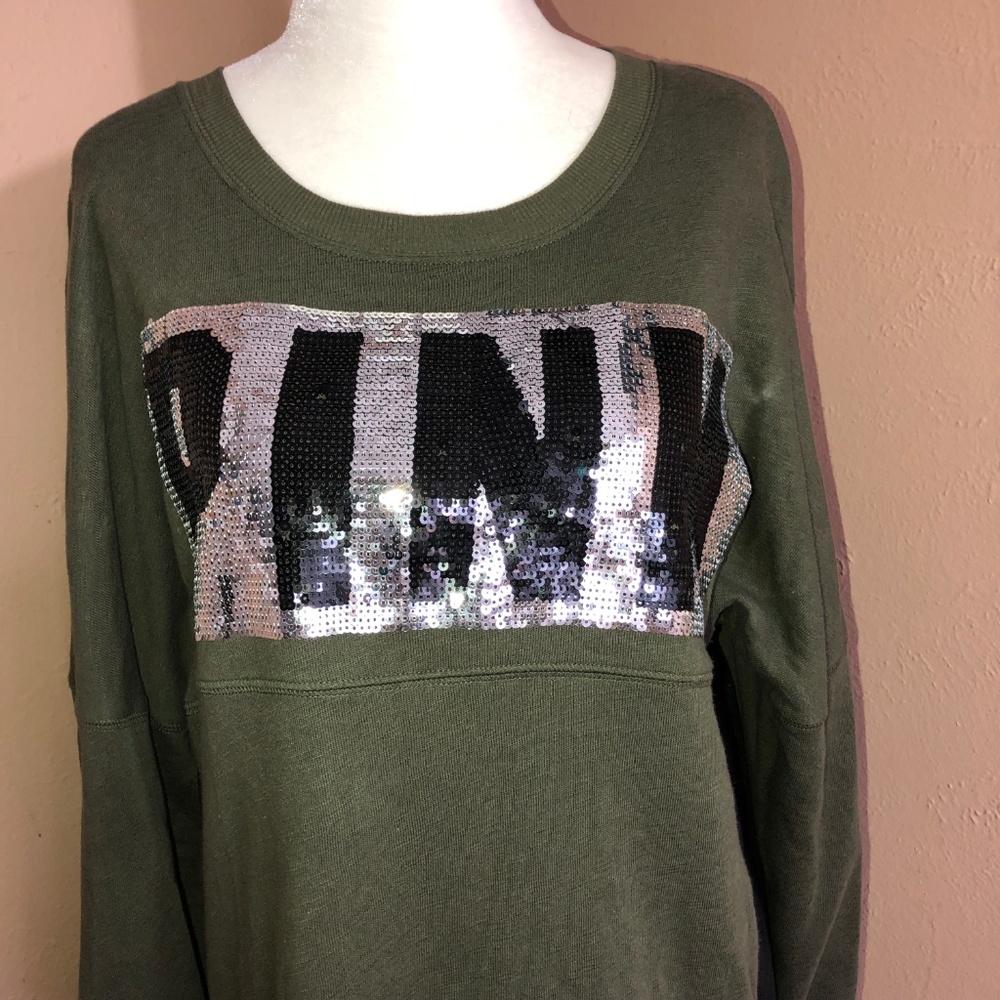 PINK VS Olive Sequins Logo Pullover Sweatshirt - Picture 2 of 8